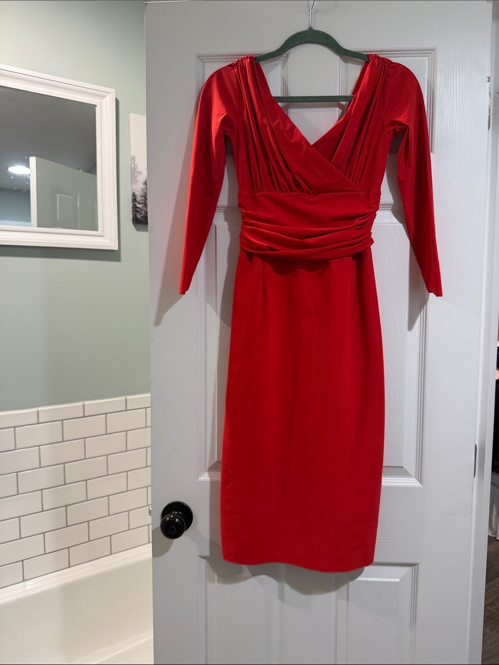 Chiara Boni Red Long-Sleeve Draped Waist Midi Dress